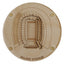 Wooden coaster with laser-cut diagram of McLane Stadium and engraved text on a white background