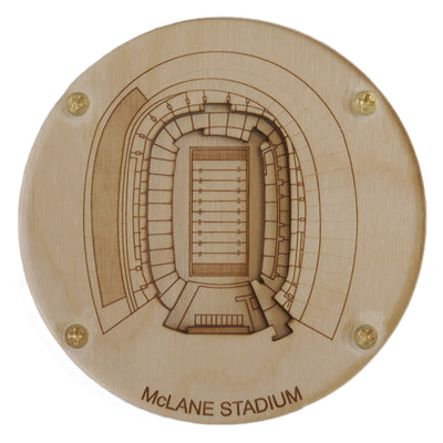 Wooden coaster with laser-cut diagram of McLane Stadium and engraved text on a white background