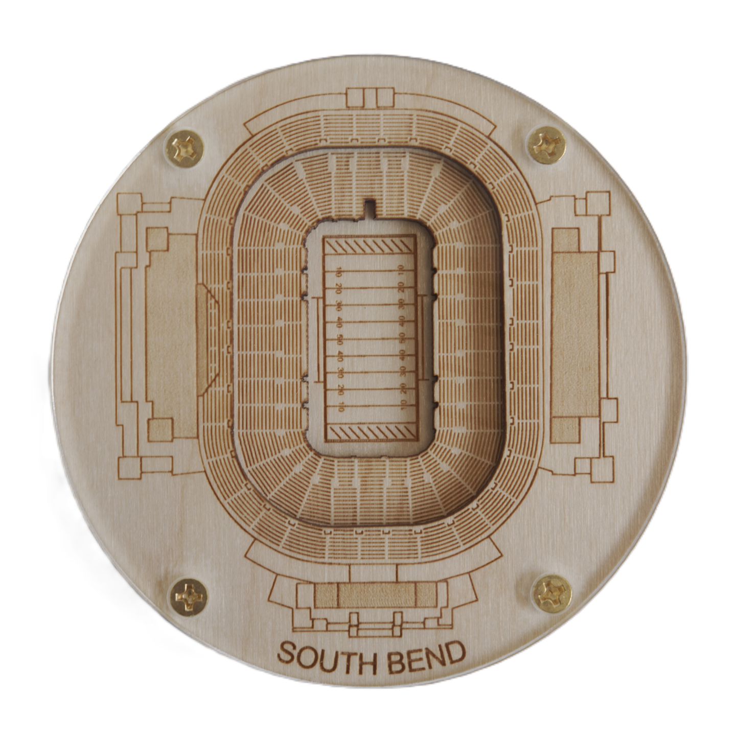Wooden model of a stadium layout with 'South Bend' engraved on it, on a white background.