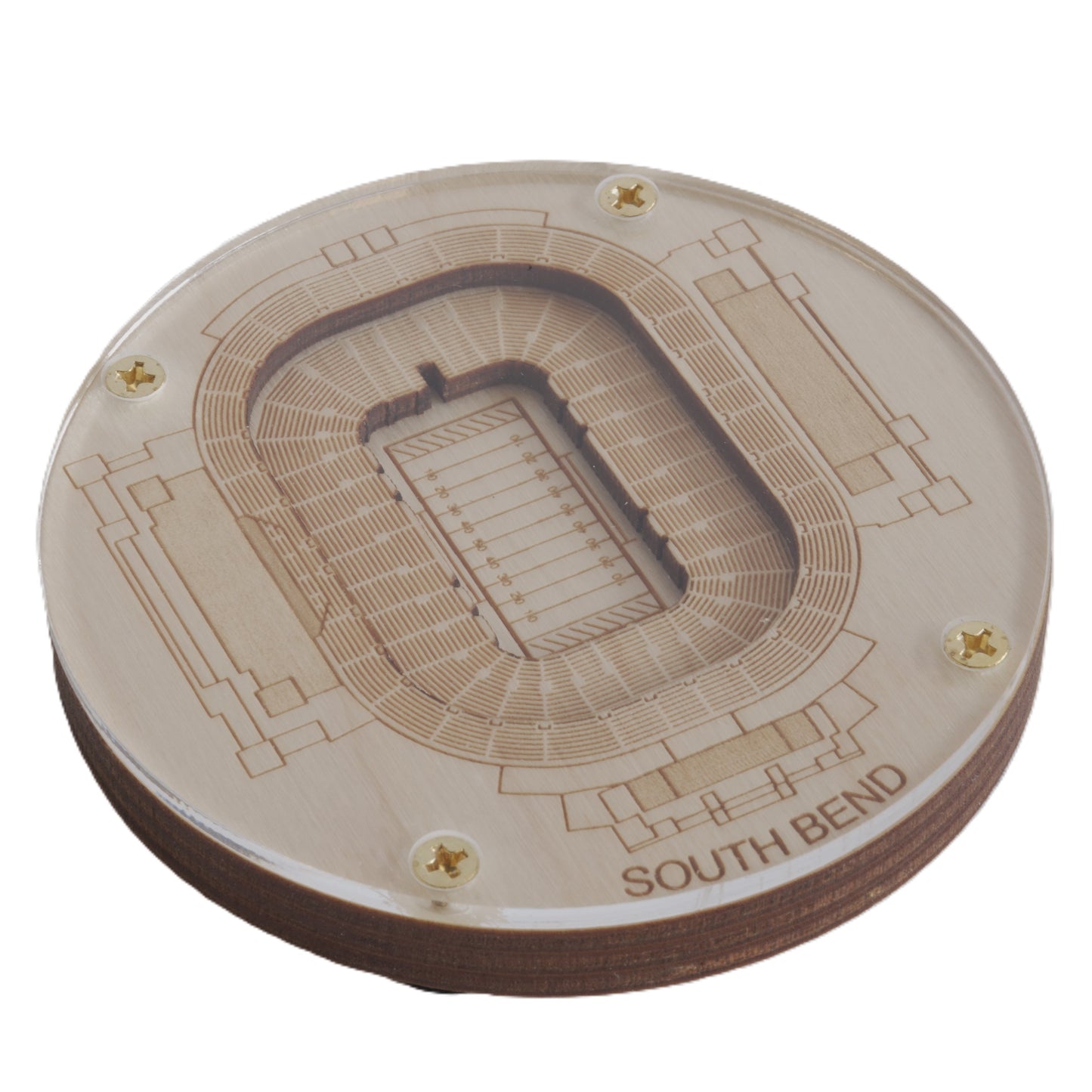 Wooden model of a stadium layout with 'South Bend' engraving on a white background
