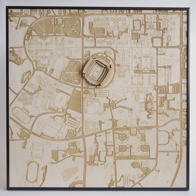 Wooden city map with detailed layout on a white background