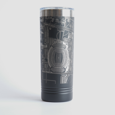 Black tumbler with detailed map design on a white background