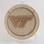 Wooden coaster with 'VT' logo on a stand against a white background