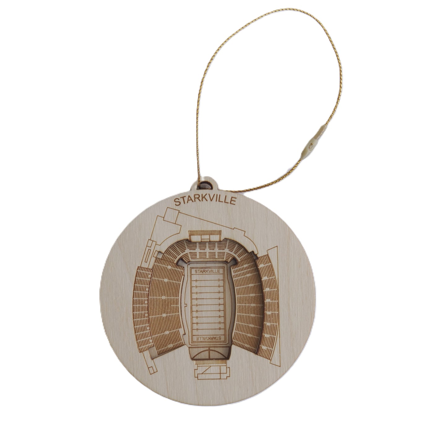 Wooden ornament with stadium design and 'Starkville' text on a white background