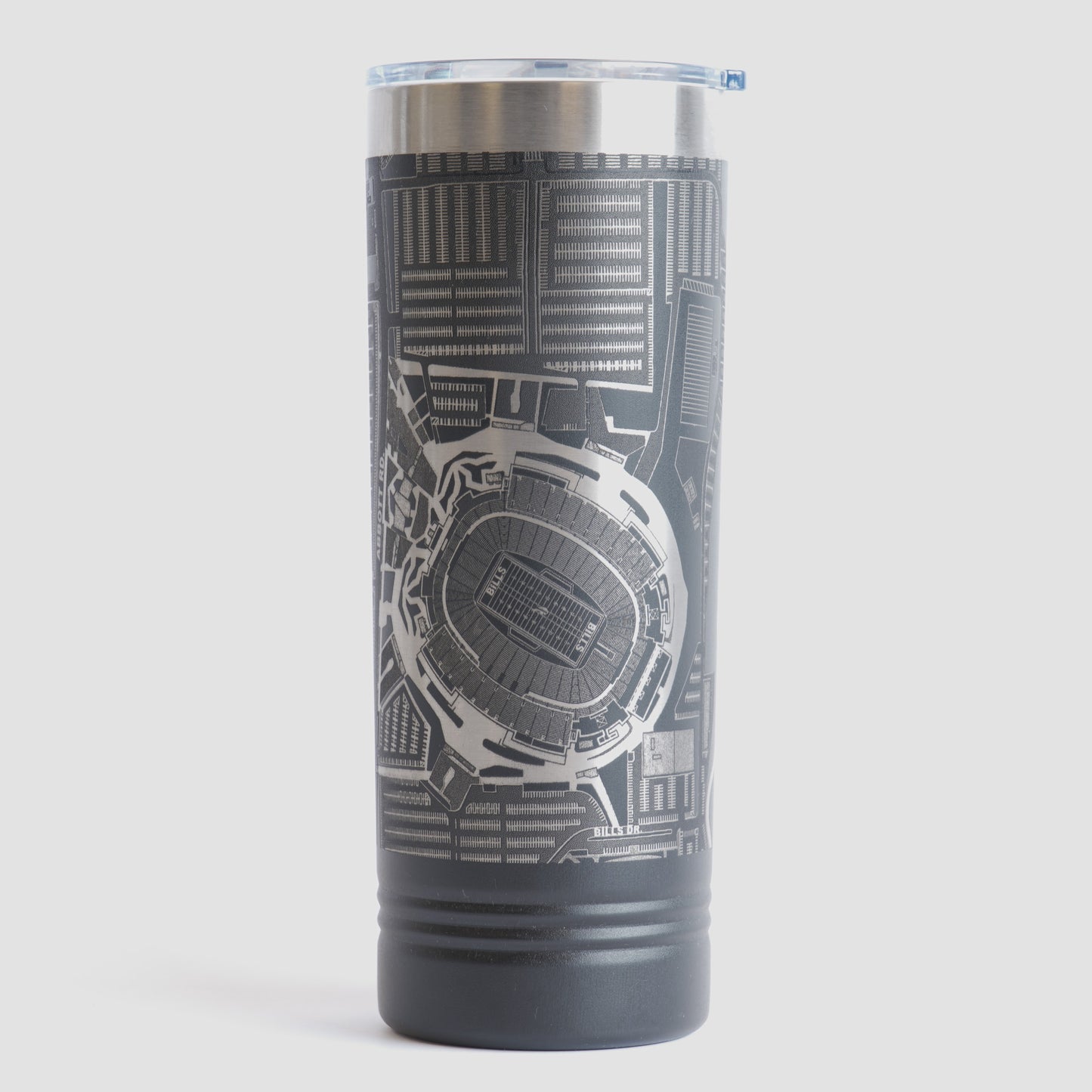 Black tumbler with detailed map design on a white background