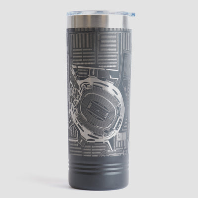 Black tumbler with detailed map design on a white background