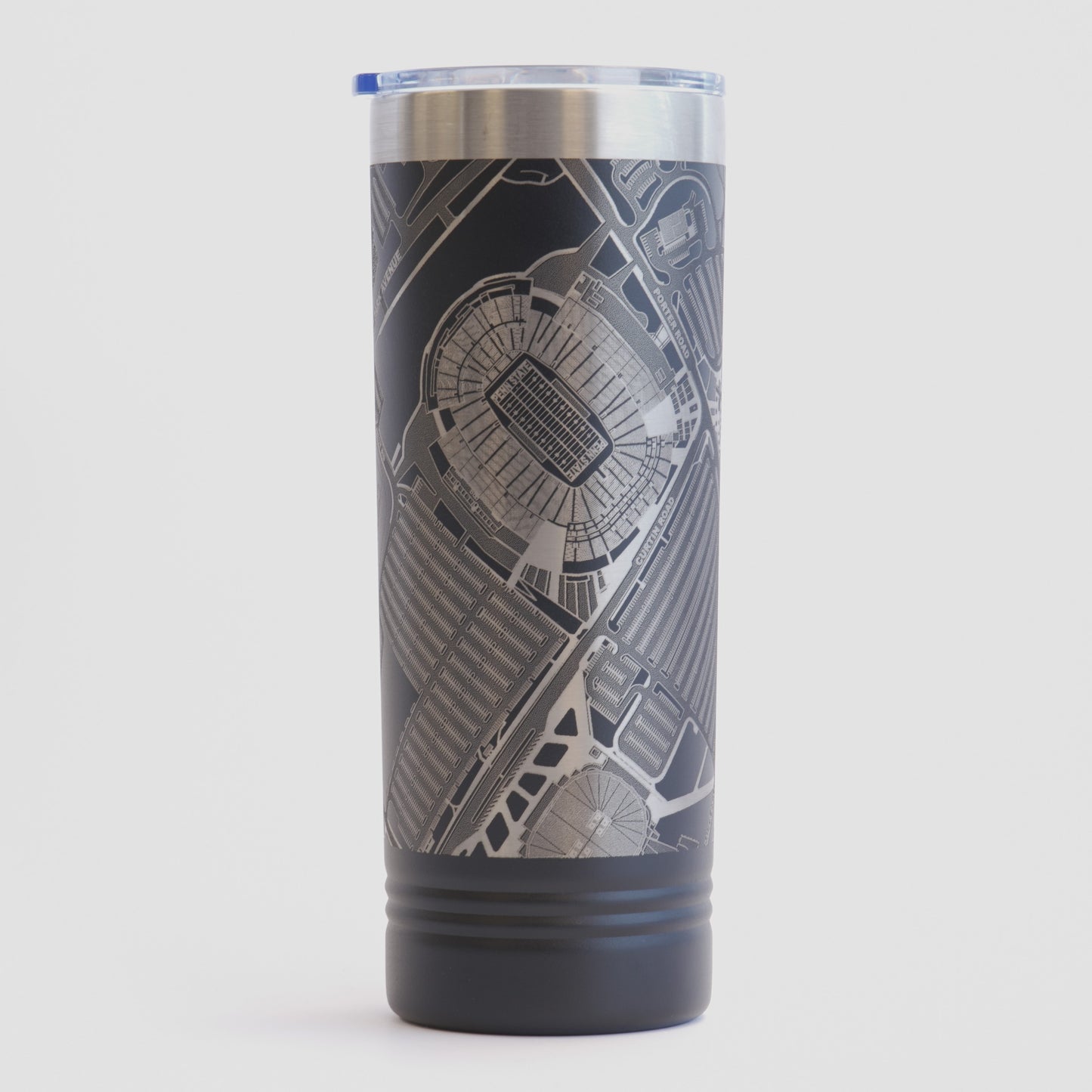 Black tumbler with detailed map design on a white background