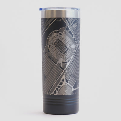 Black tumbler with detailed map design on a white background