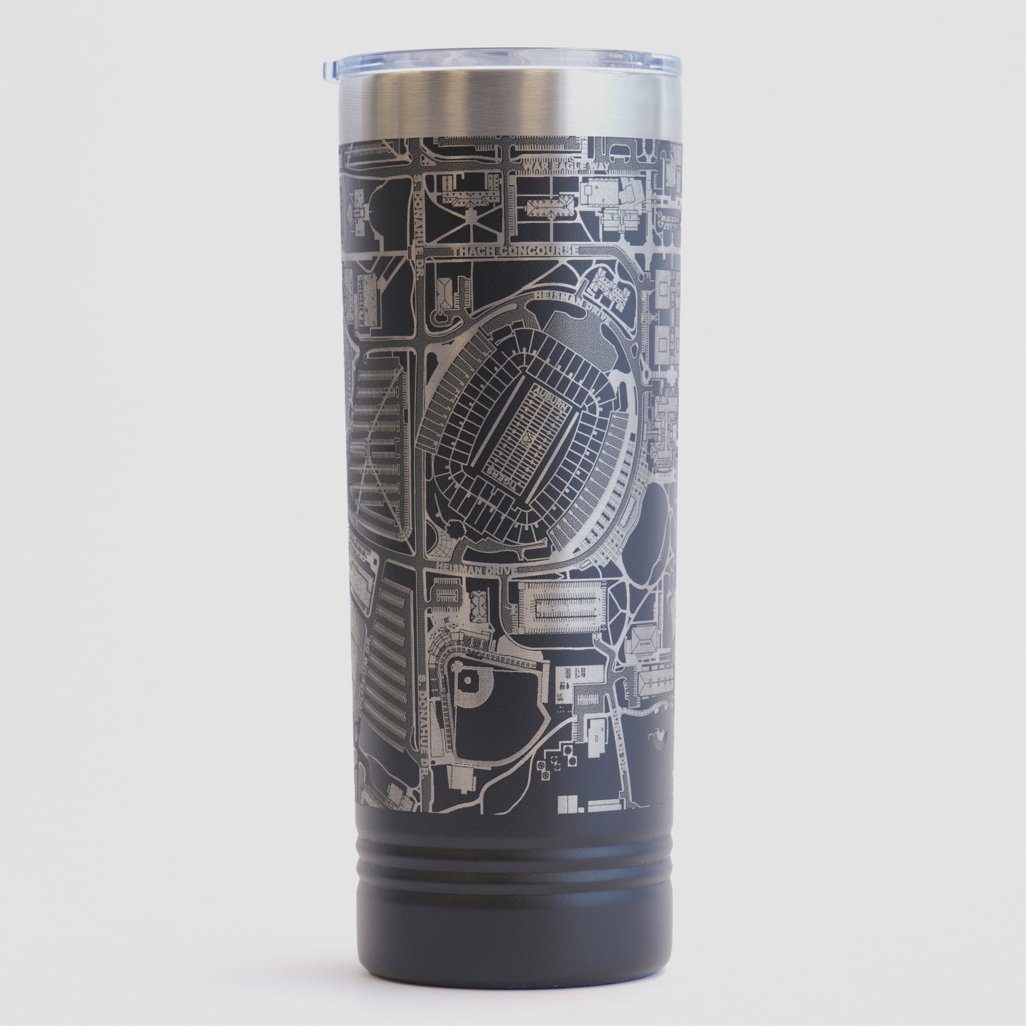 Black tumbler with detailed map design on a white background