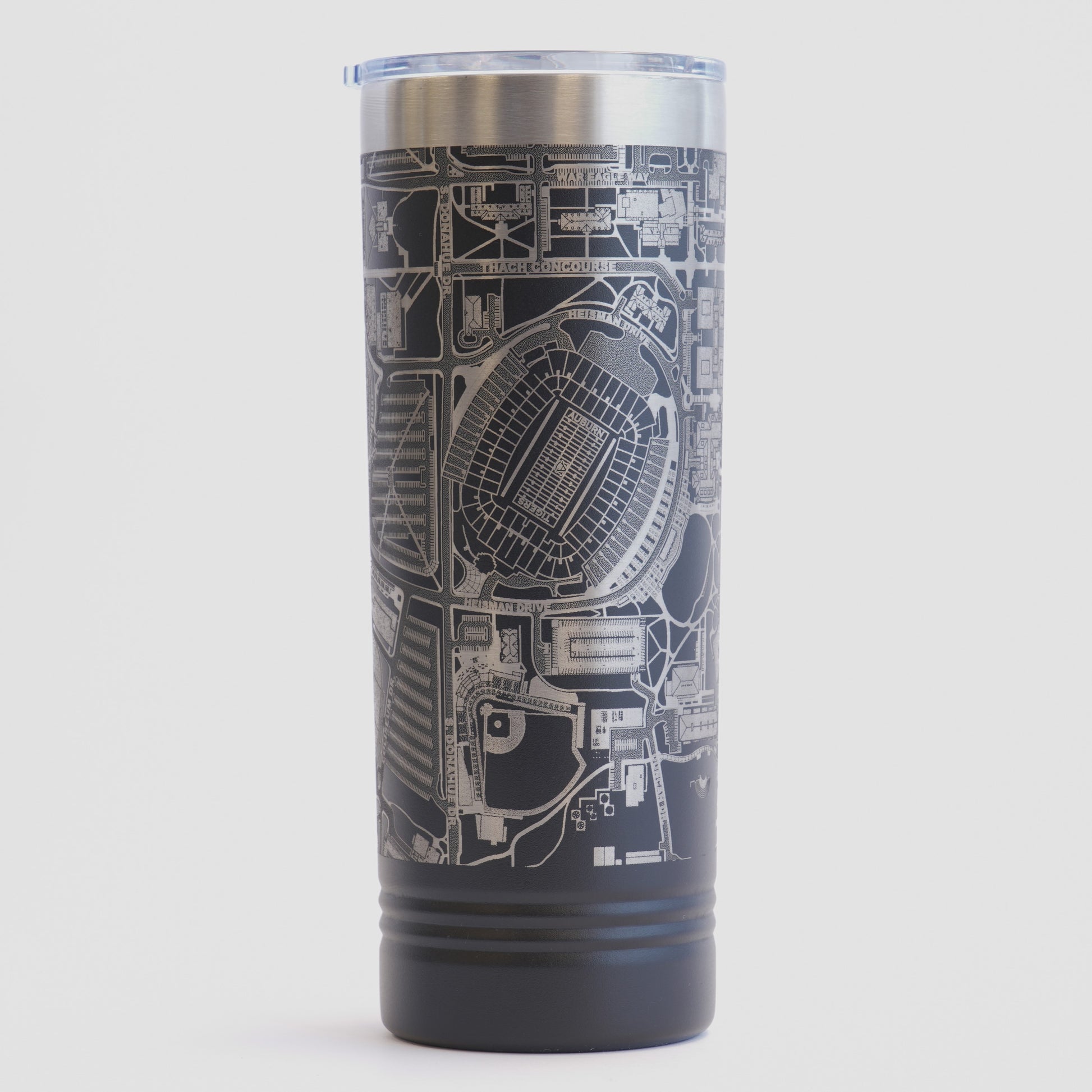 Black tumbler with detailed map design on a white background