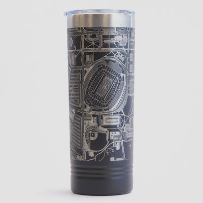 Black tumbler with detailed map design on a white background