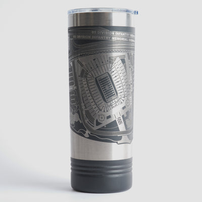 Black tumbler with detailed map design on a white background