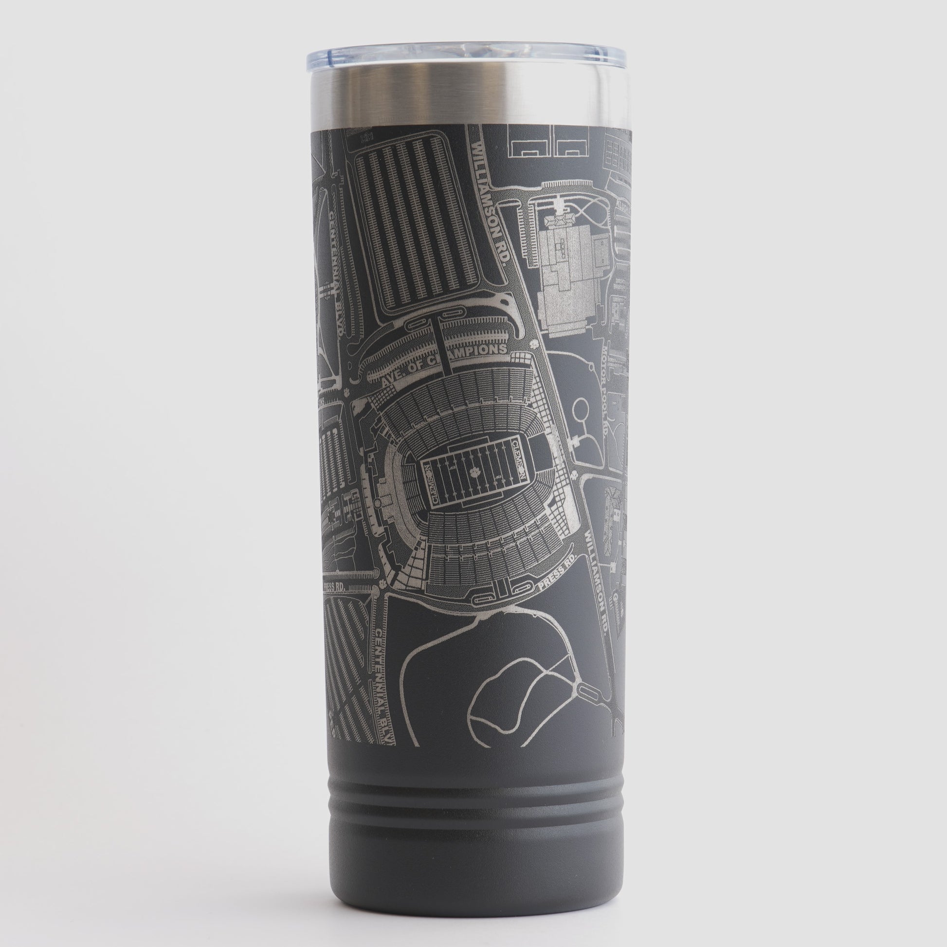 Black tumbler with detailed map design on a white background