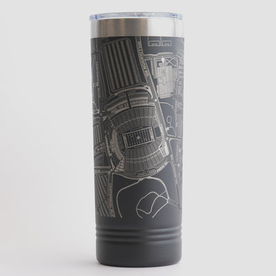 Black tumbler with detailed map design on a white background