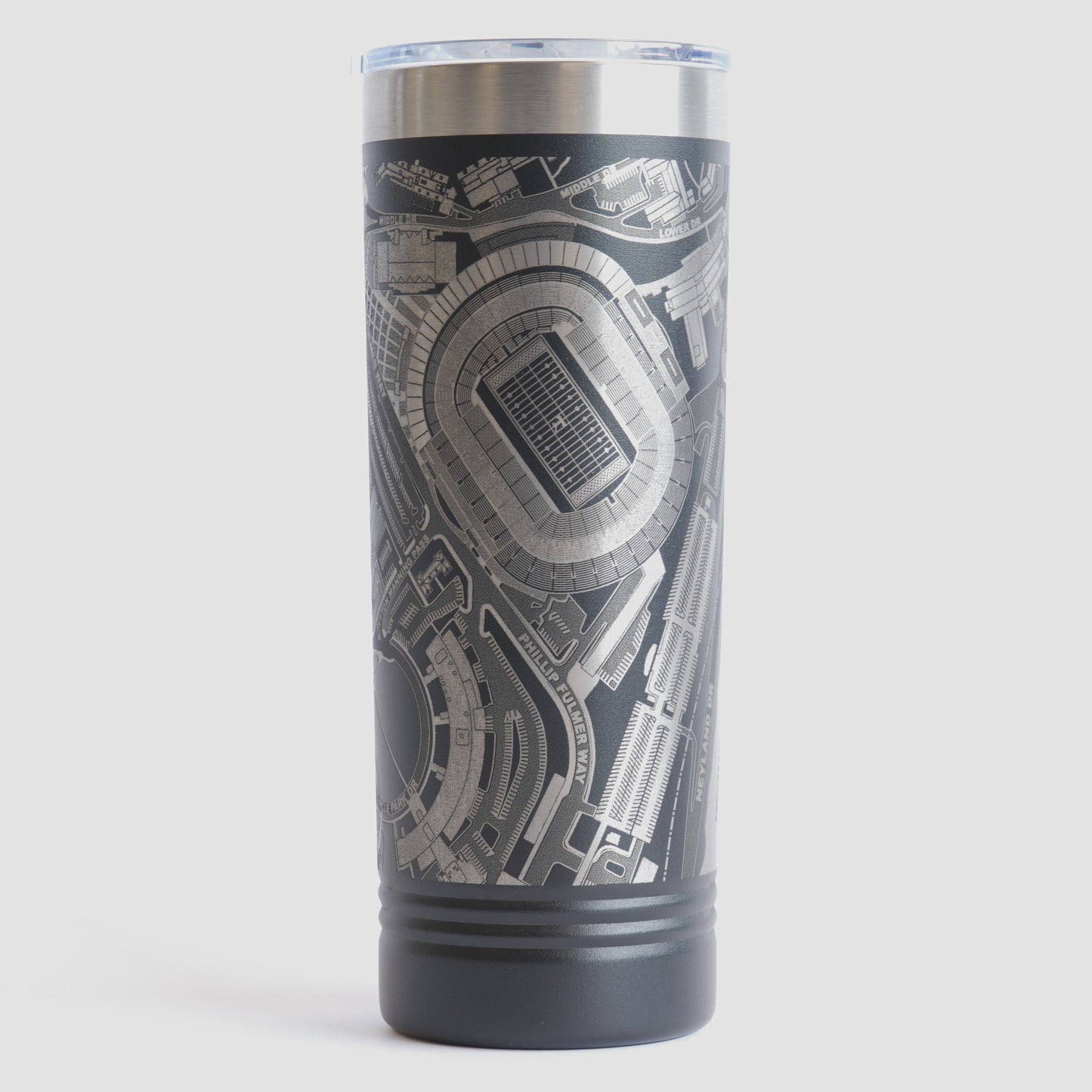 Black tumbler with detailed map design on a white background