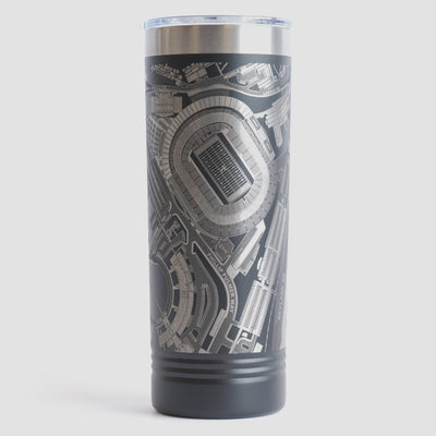 Black tumbler with detailed map design on a white background