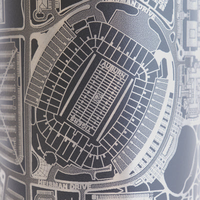 Black tumbler with detailed map design on a white background