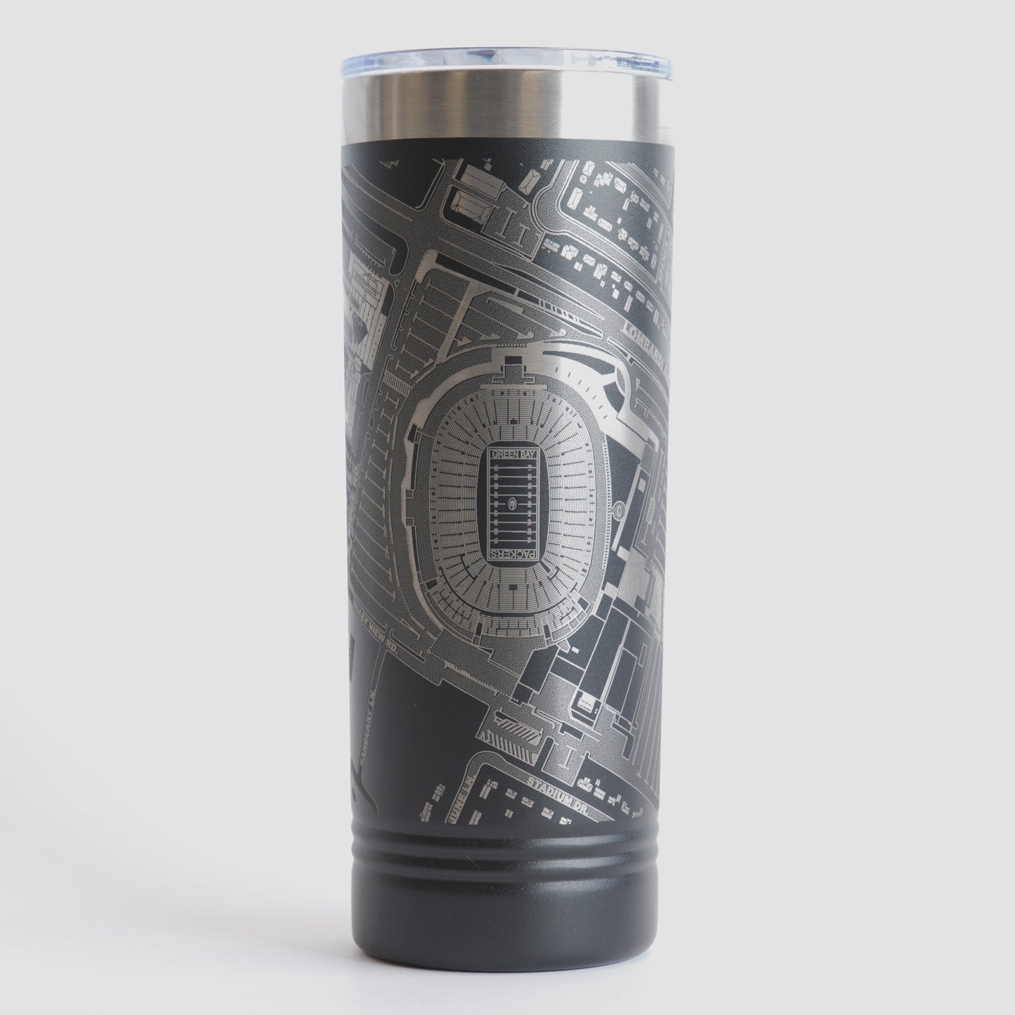 Black tumbler with detailed map design on a white background