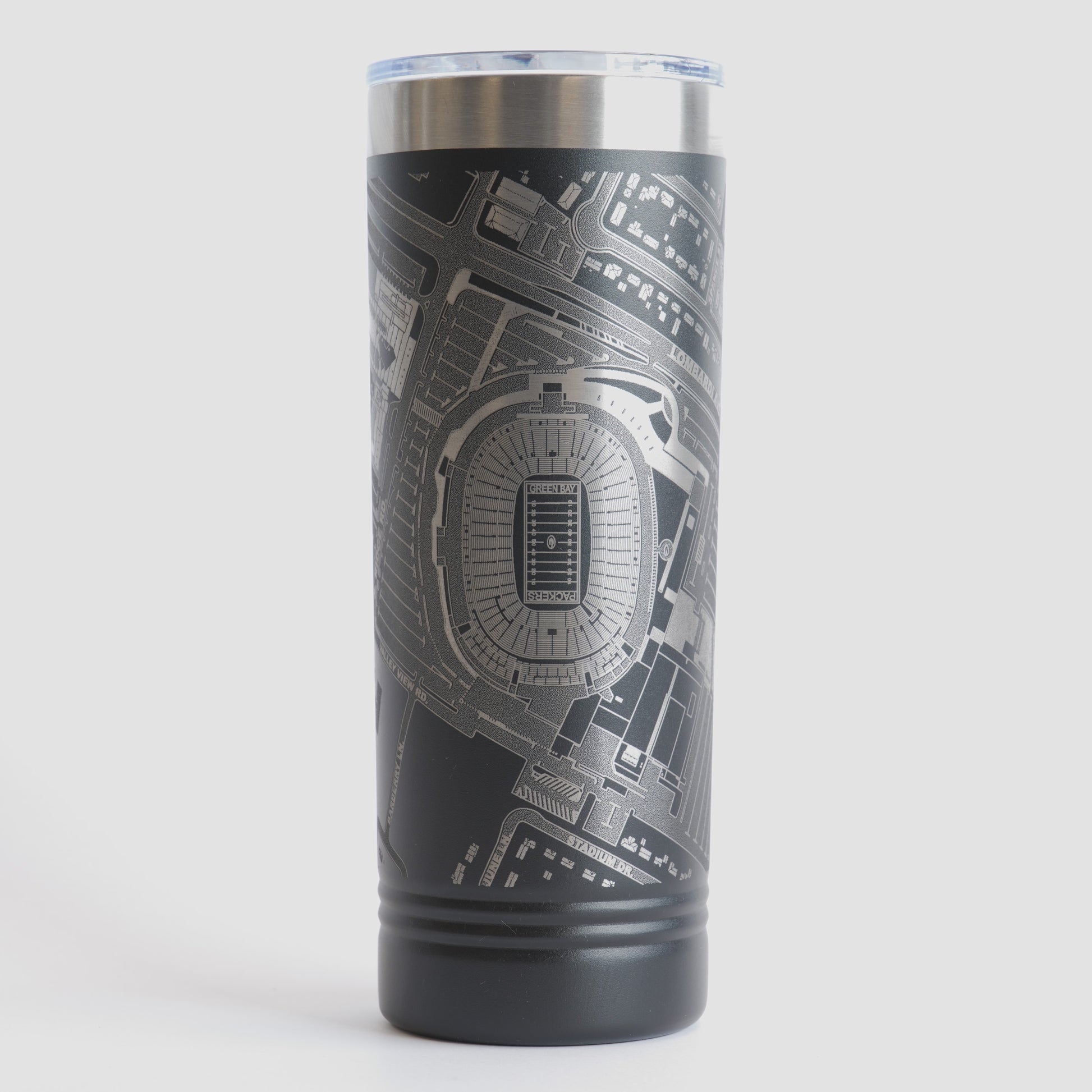Black tumbler with detailed map design on a white background