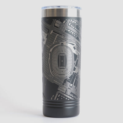Black tumbler with detailed map design on a white background