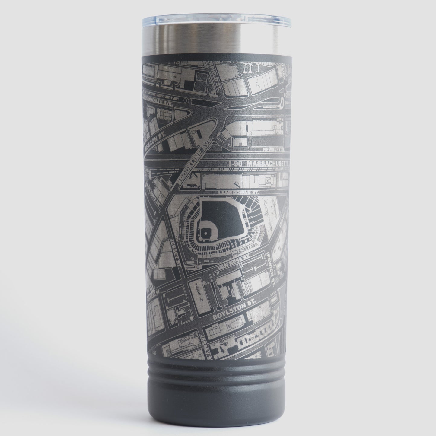 Black tumbler with detailed map design on a white background
