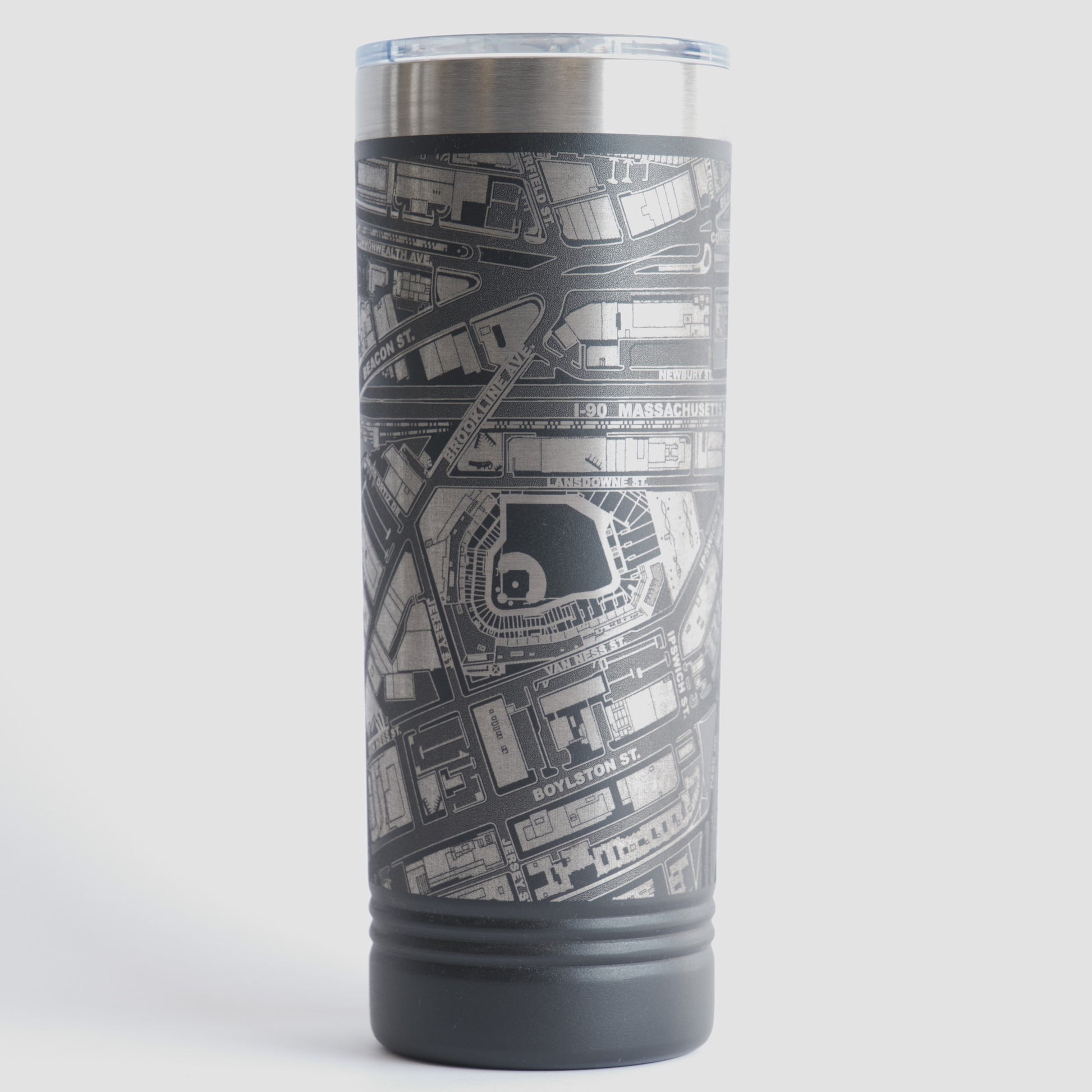 Black tumbler with detailed map design on a white background