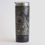 Black tumbler with detailed map design on a white background