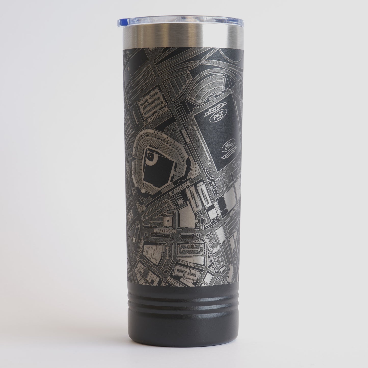 Black tumbler with detailed map design on a white background