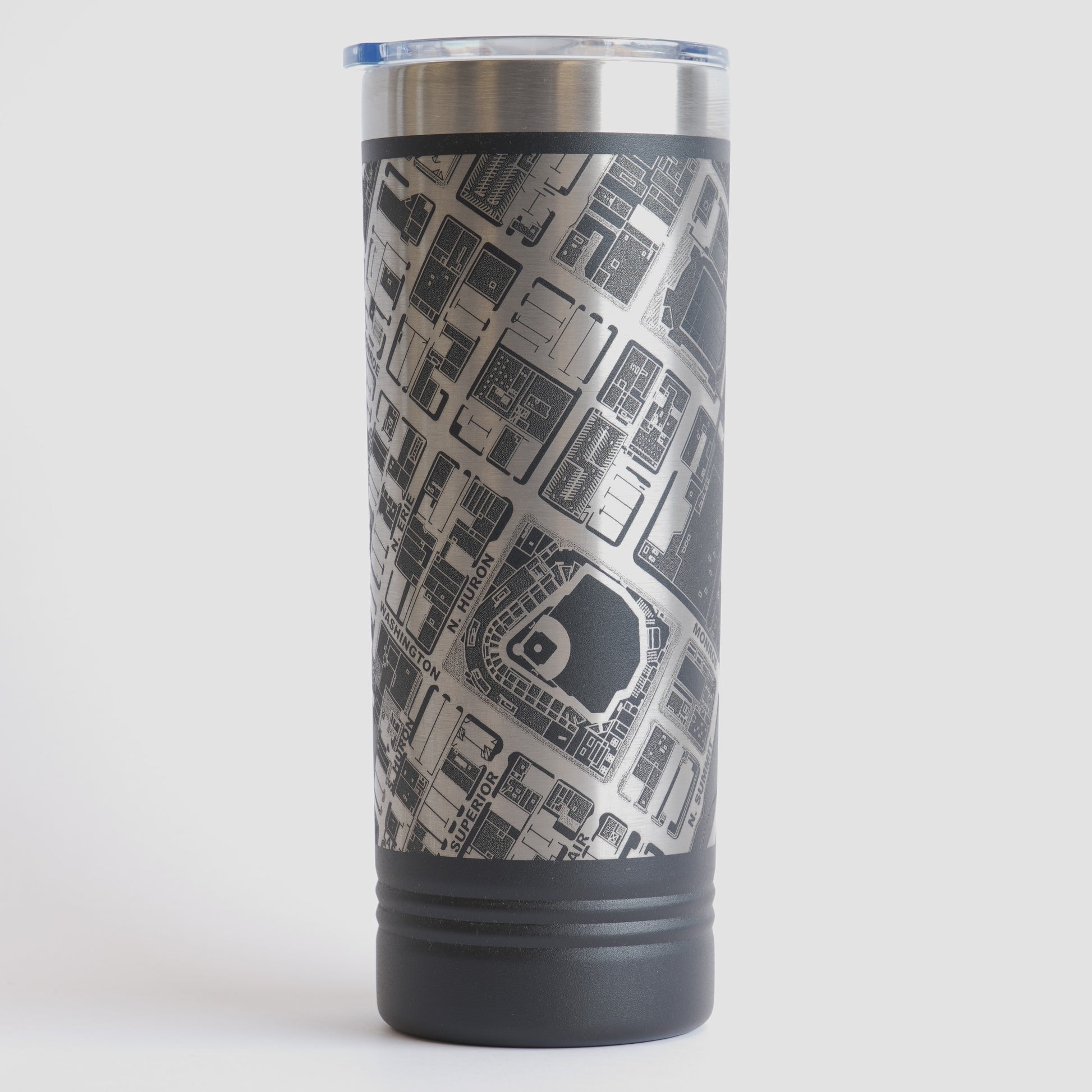 Black tumbler with detailed map design on a white background