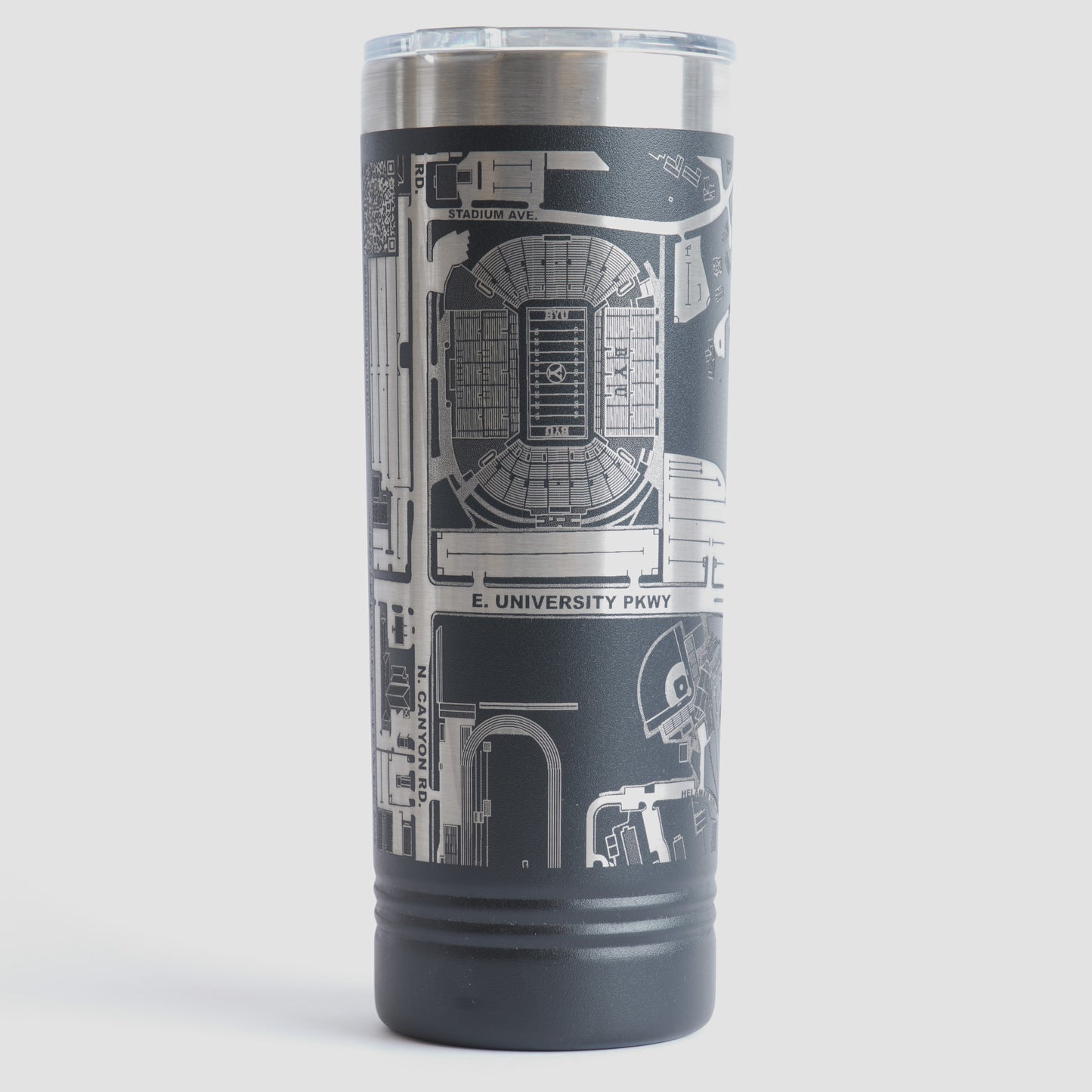 Black tumbler with detailed map design on a white background