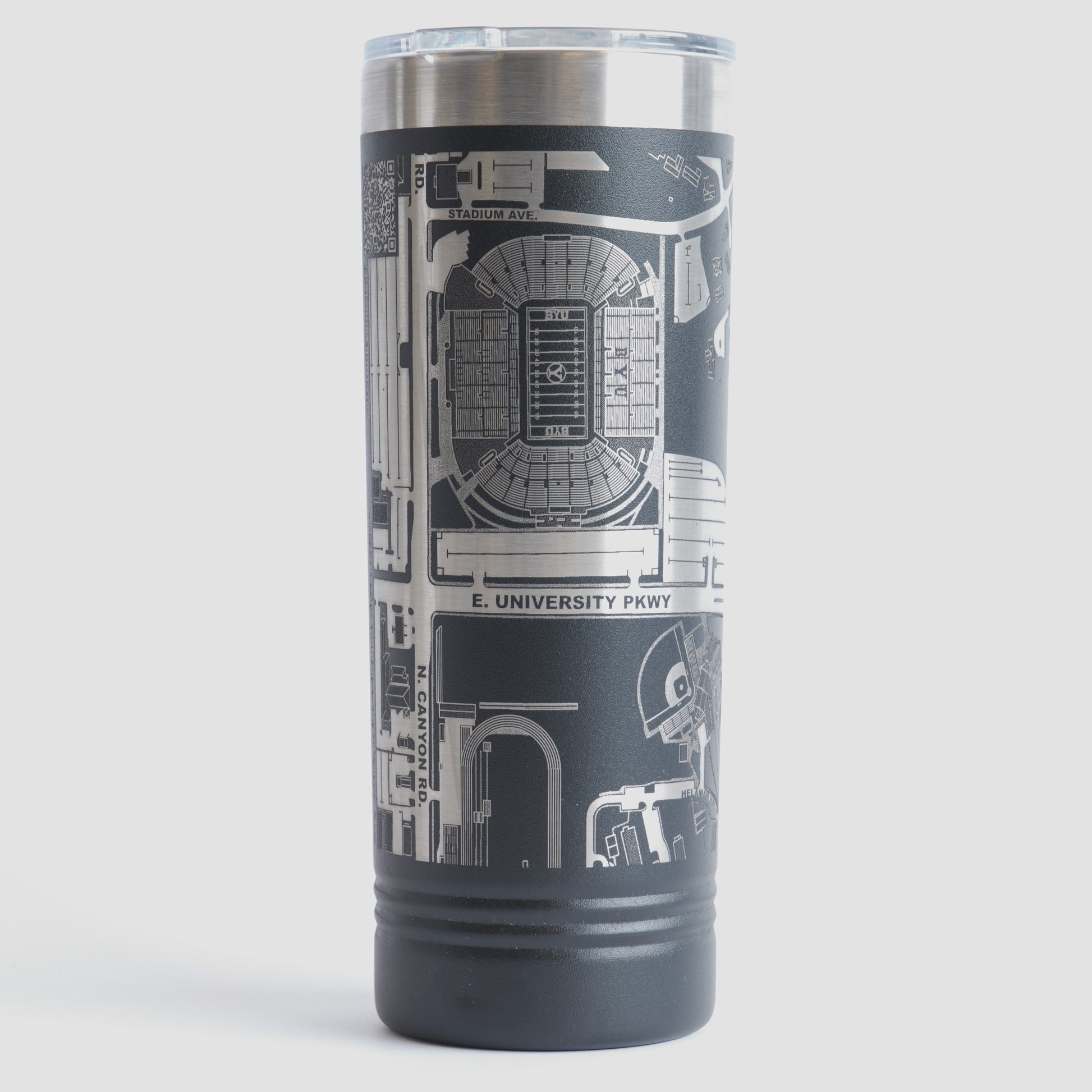 Black tumbler with detailed map design on a white background