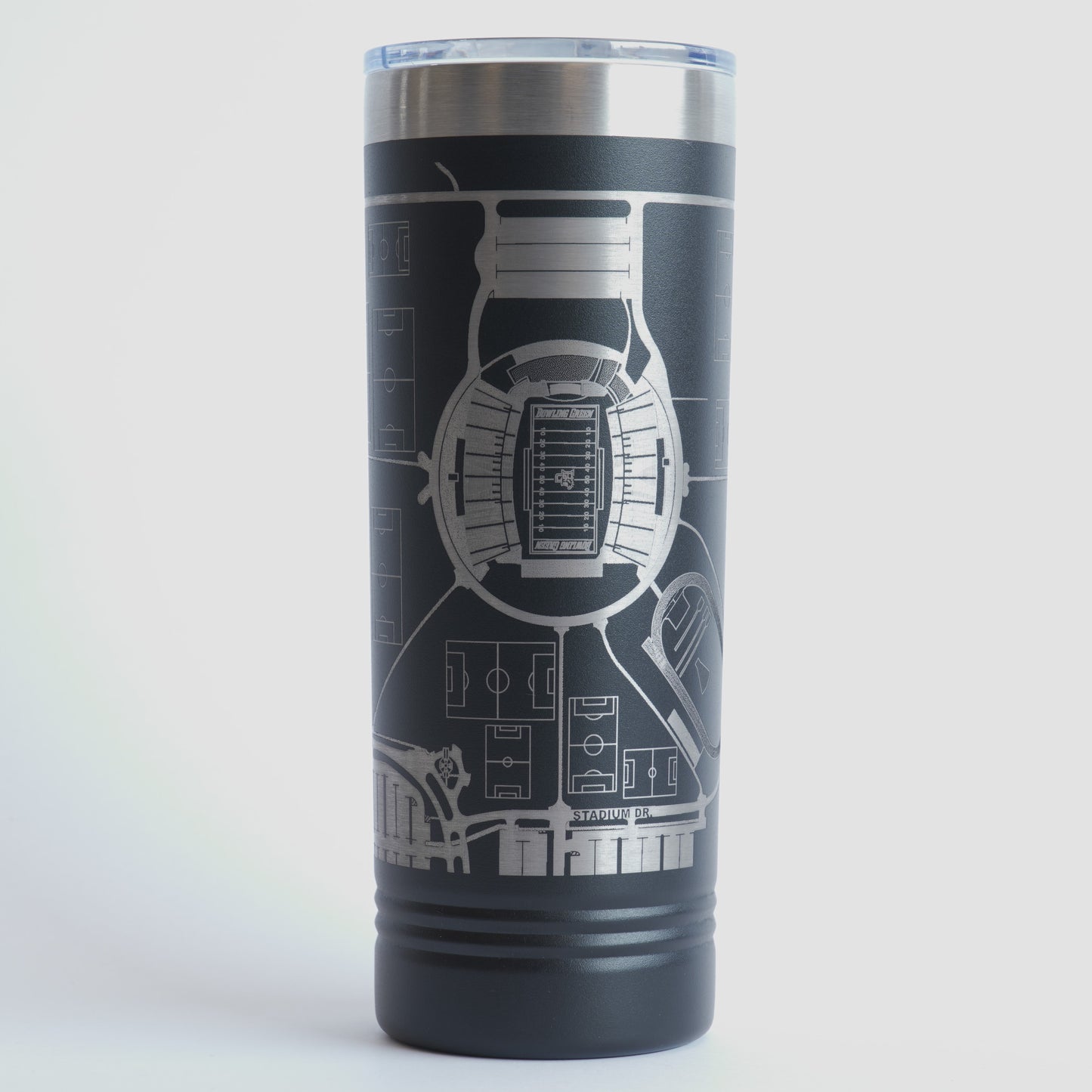 Tumbler with architectural blueprint design on a white background