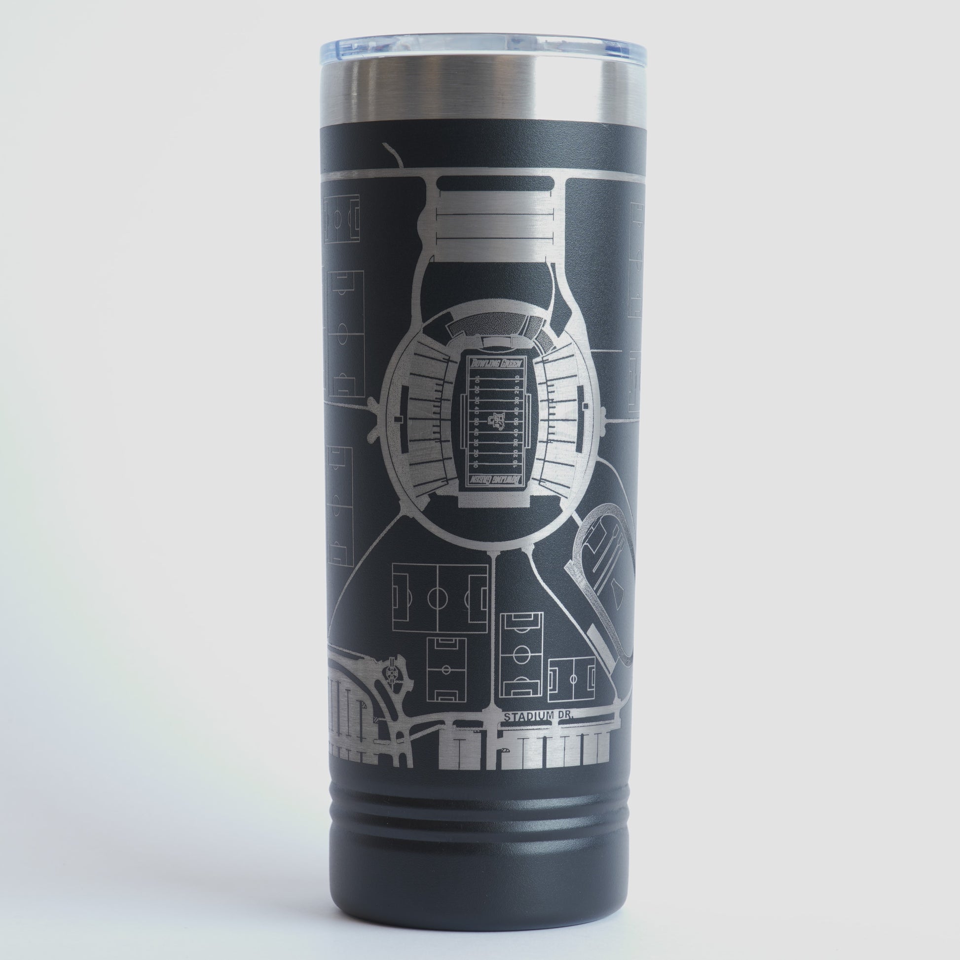 Tumbler with architectural blueprint design on a white background