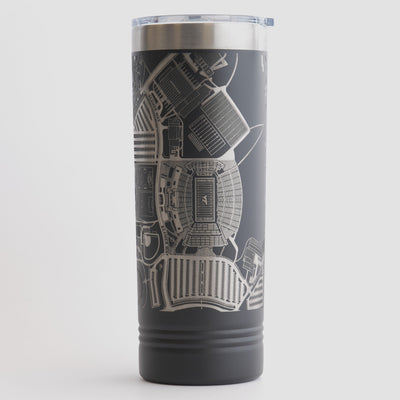 Black tumbler with detailed map design on a white background