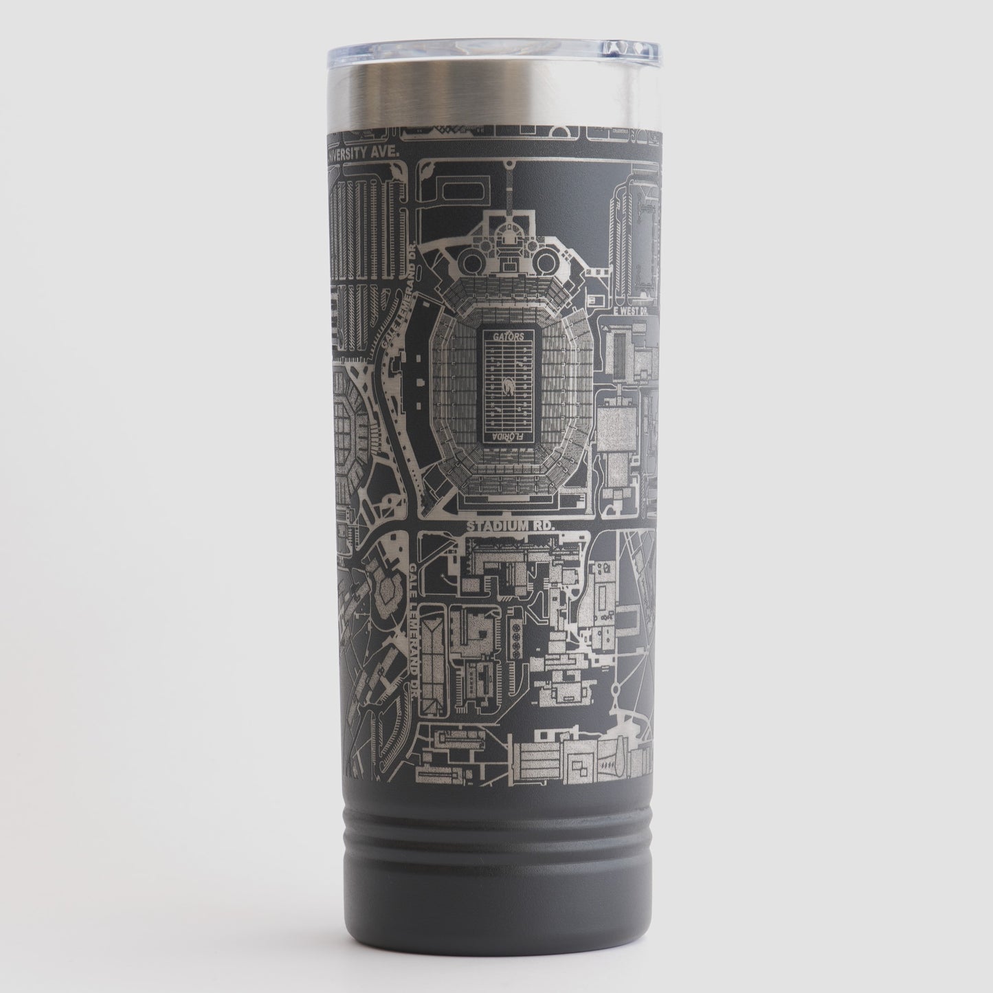 Black tumbler with detailed map design on a white background