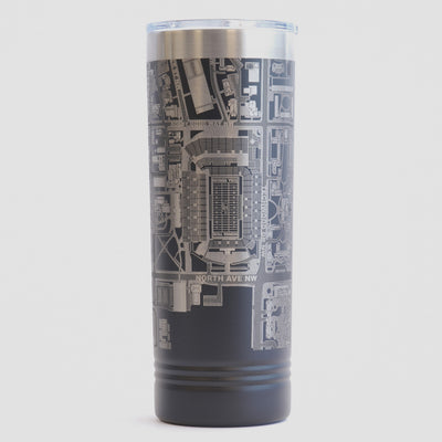 Black tumbler with detailed map design on a white background