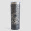 Black tumbler with detailed map design on a white background