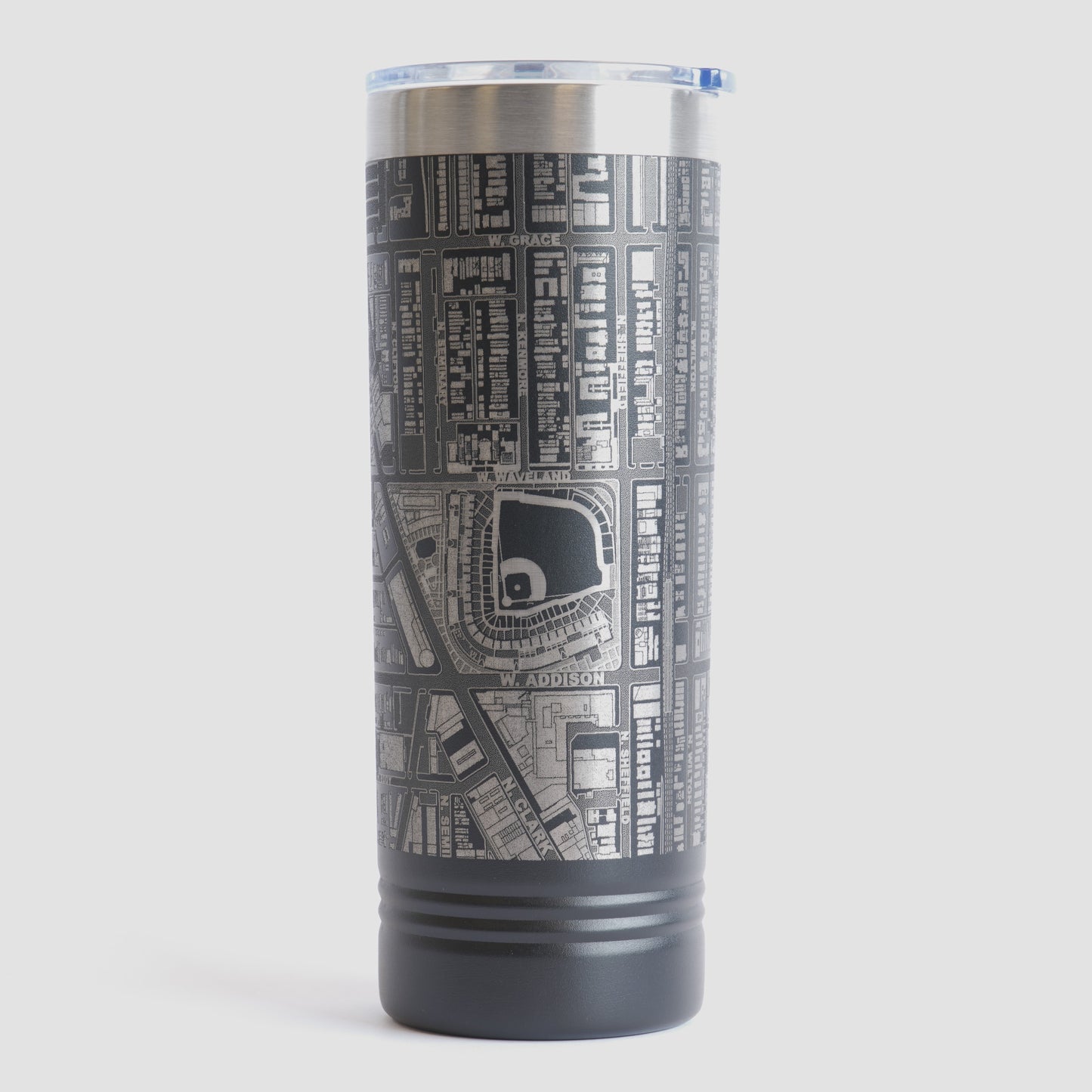 Black tumbler with detailed map design on a white background
