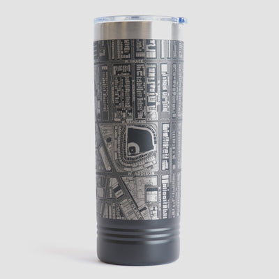Black tumbler with detailed map design on a white background