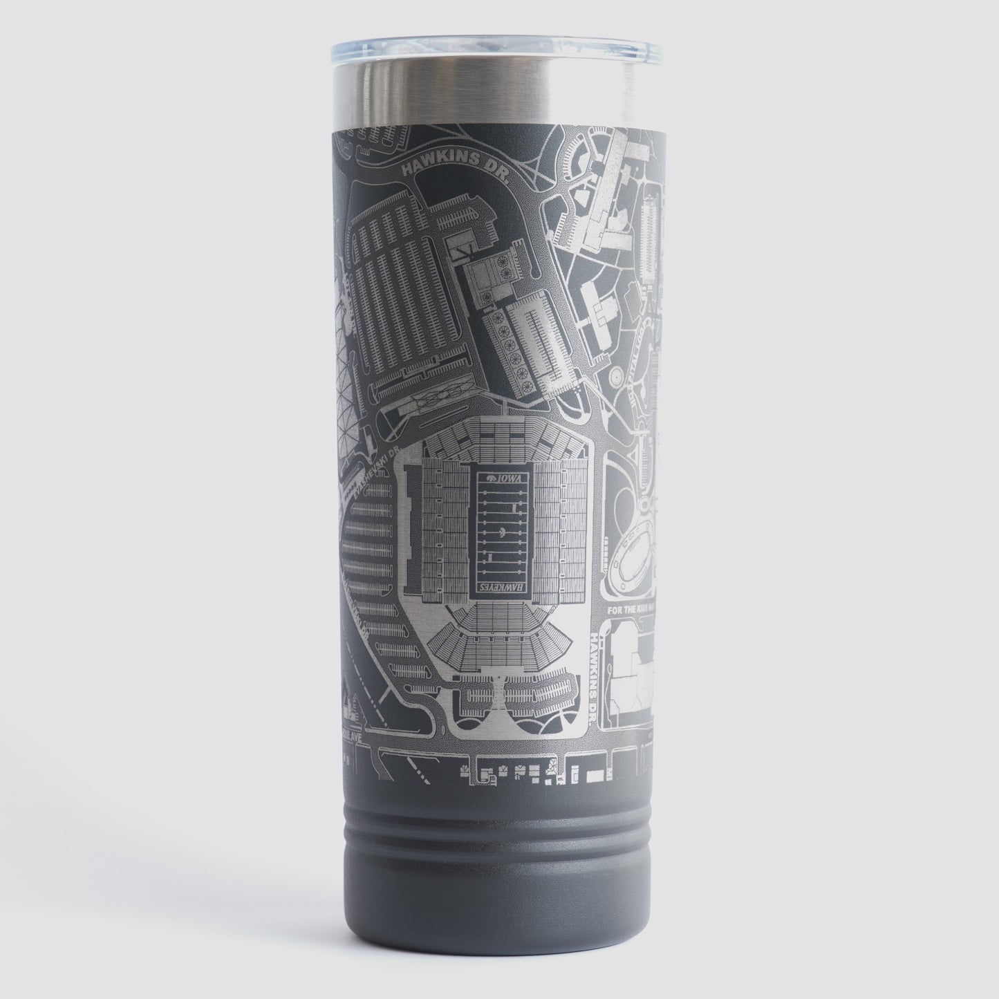 Black tumbler with detailed map design on a white background