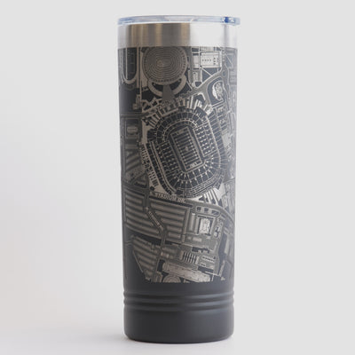 Black tumbler with detailed map design on a white background