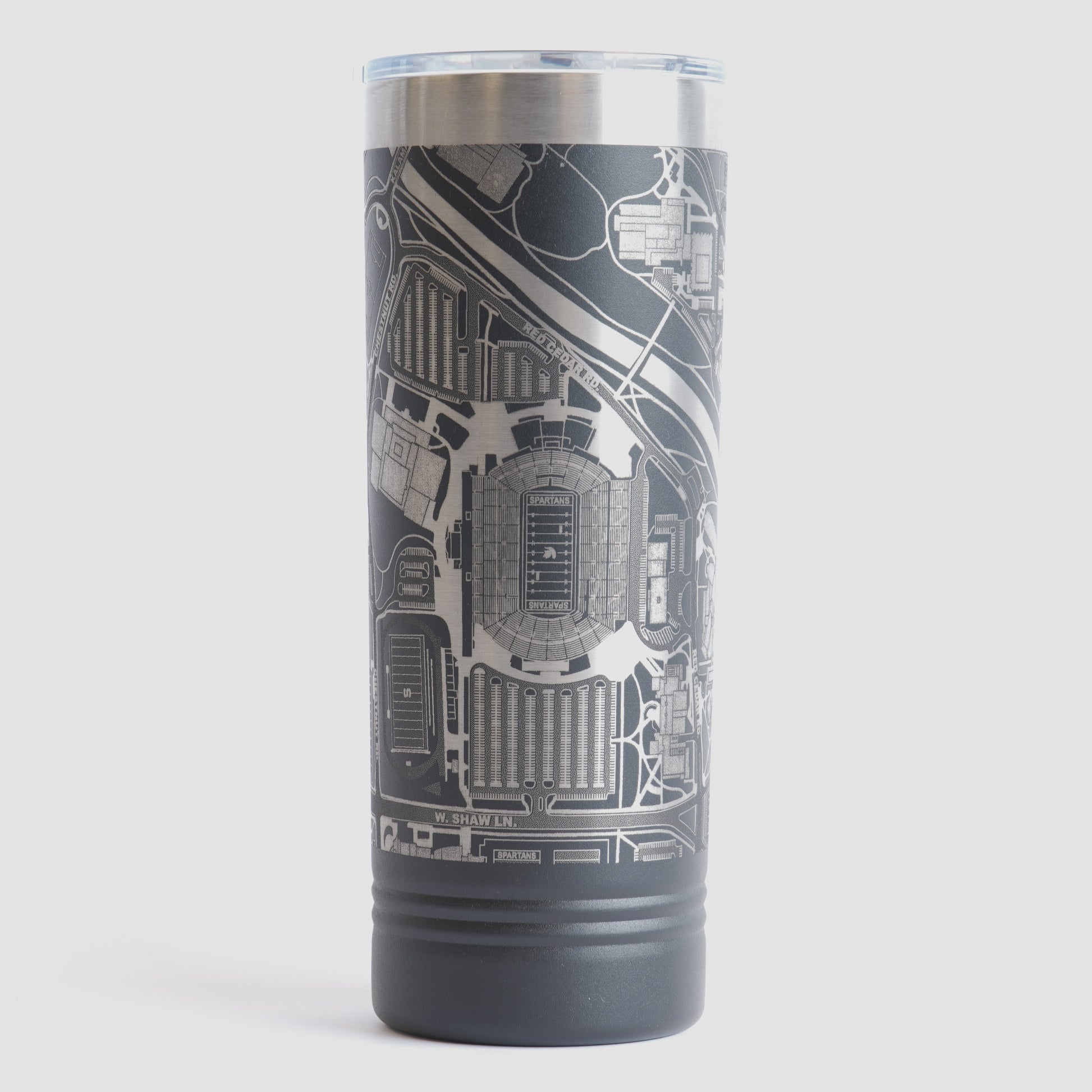 Black tumbler with detailed map design on a white background